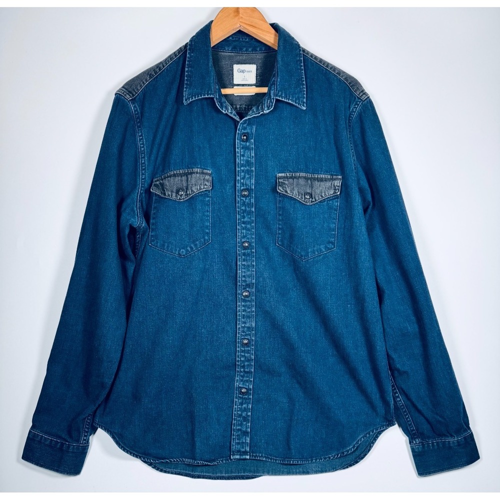 Gap 1969 Western Denim Shirt Mens Large Blue Black Snap Slim Fit Cotton Workwear